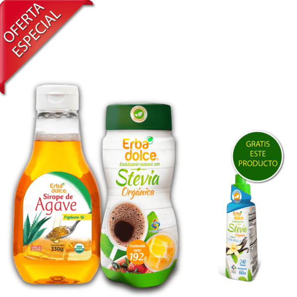 1 Sirope de Agave +1 Frasco 192g de Stevia – Gratis gotero x 60 ml sabor vainilla